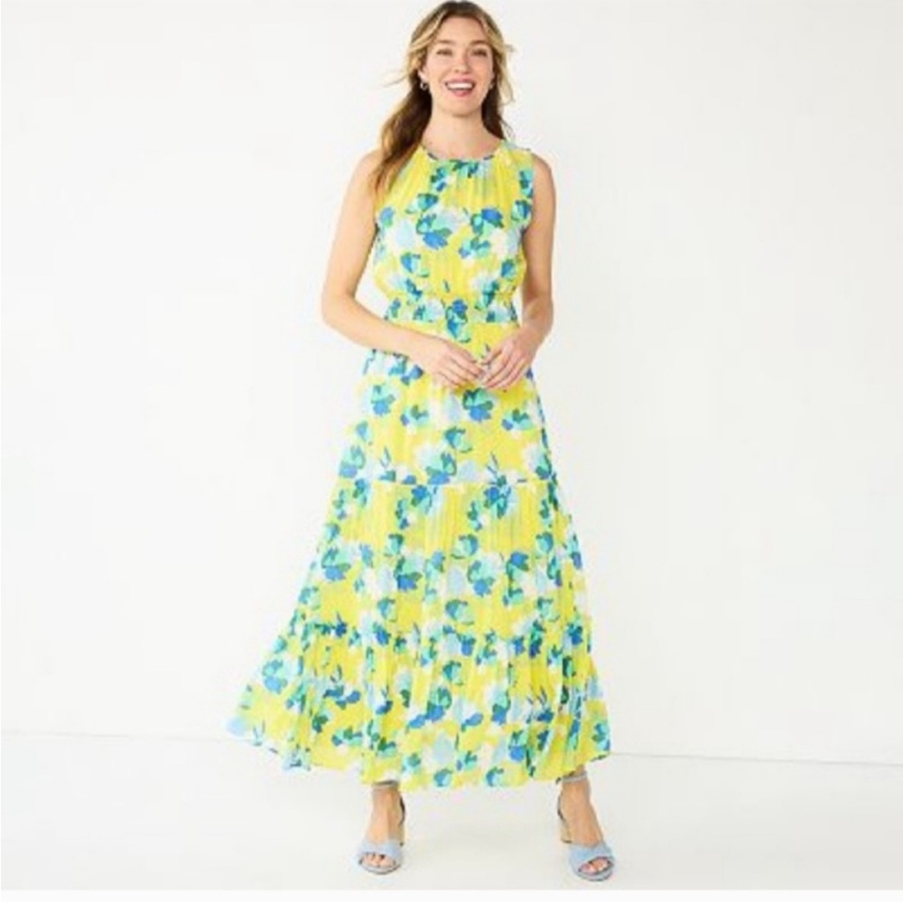 DRAPER JAMES RSVP Blue/Yellow Floral Swiss Dot Tiered Maxi Dress Size XL coastal